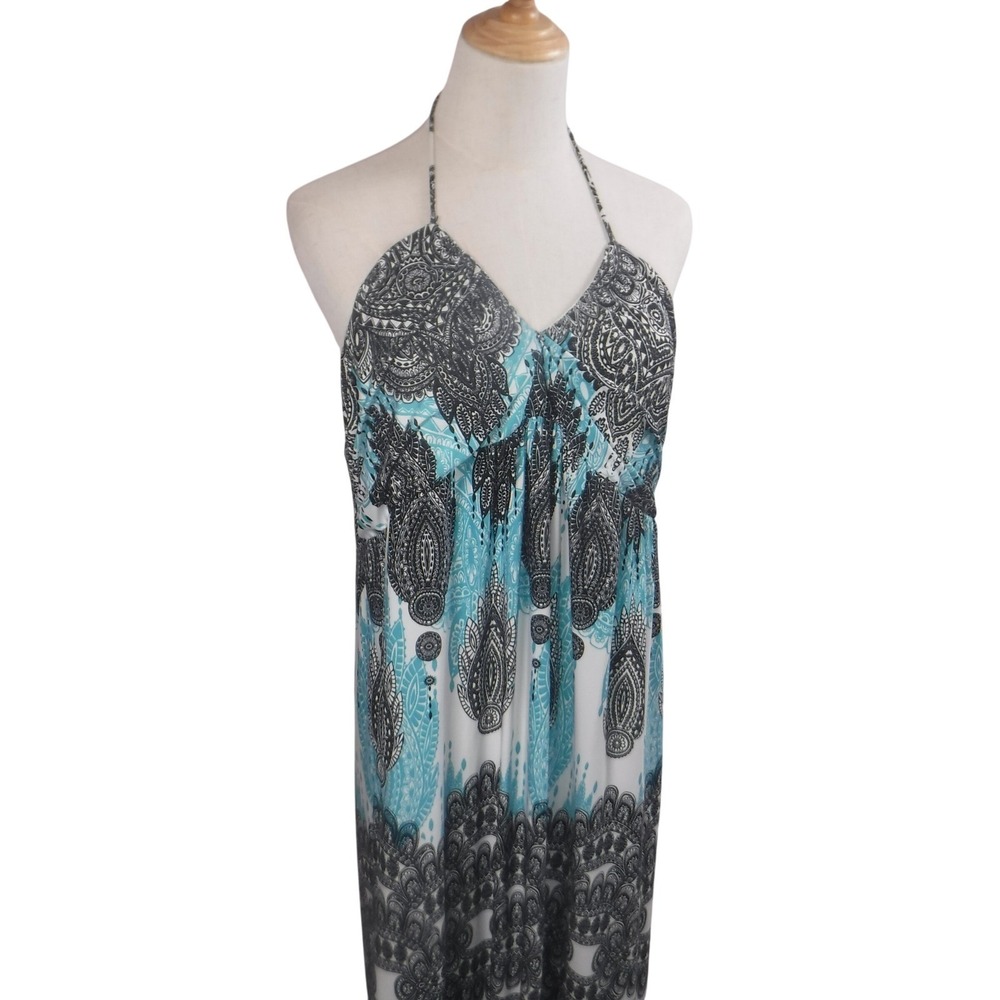 Women's Paisley Halter Maxi Dress Turquoise Black White‎ Size 2X Boho Vacation